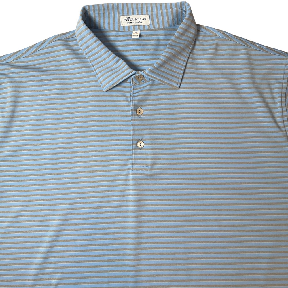 Peter Millar Polo Mens XL Blue Striped Summer Comfort RBC Logo Golf Shirt